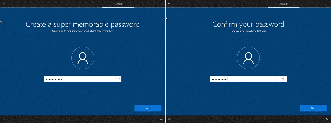 Entering a password for a user account