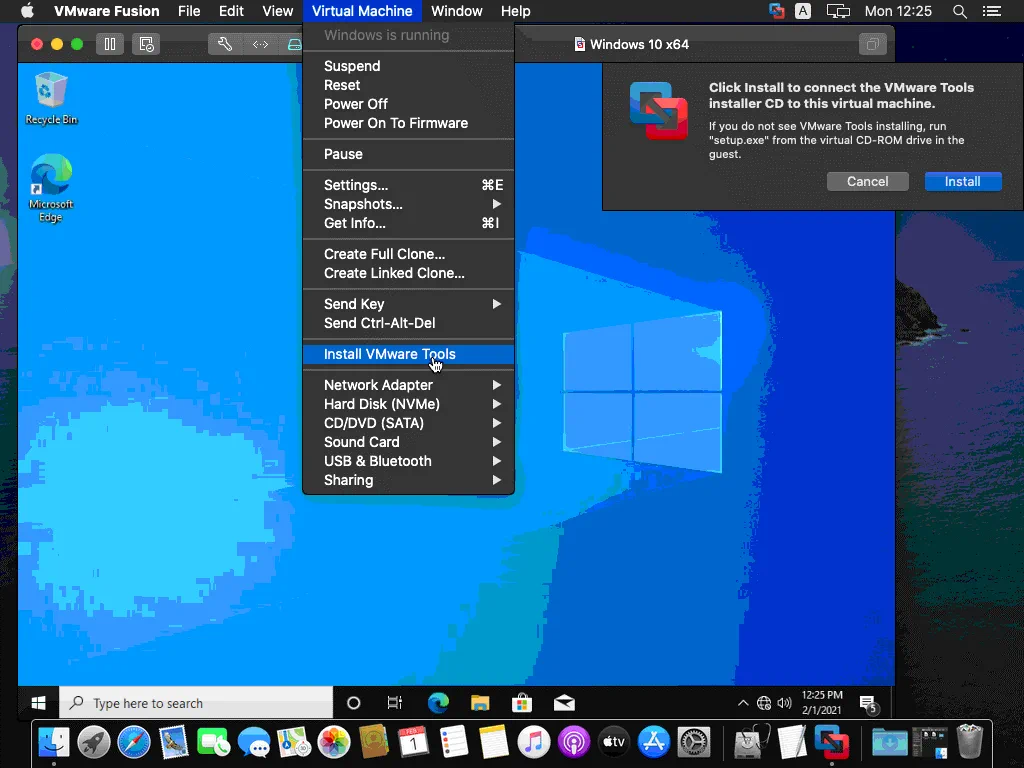 Installing VMware Tools on Windows 10 running as a guest OS in VMware Fusion
