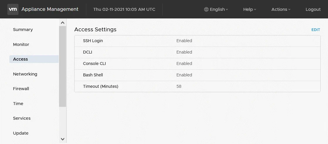 SSH login and Bash Shell are enabled in VCSA management settings