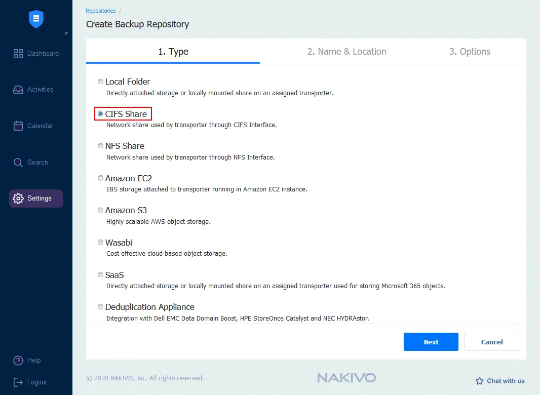 Selecting a CIFS share as storage for a new backup repository
