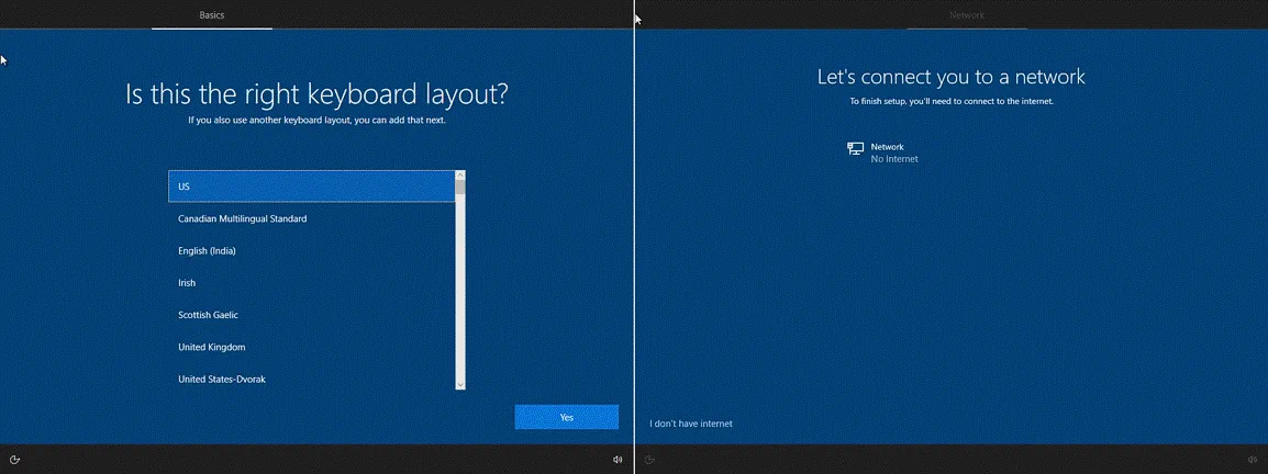 Selecting the keyboard layout and network connection settings