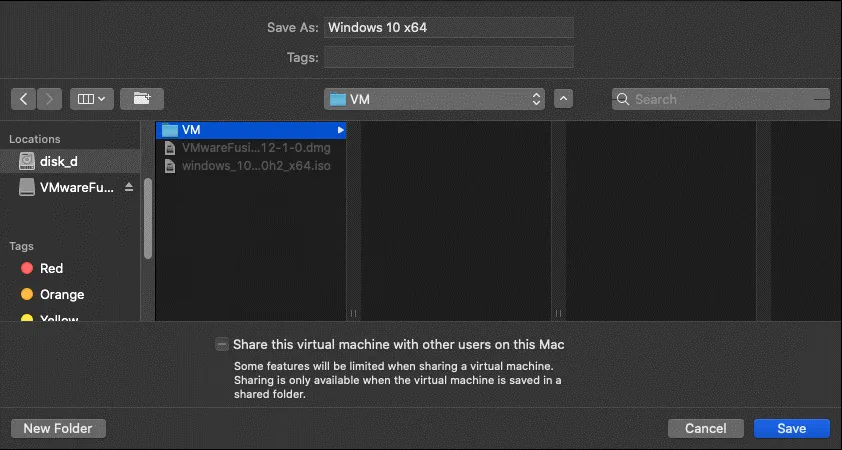 Selecting the location for new VM files