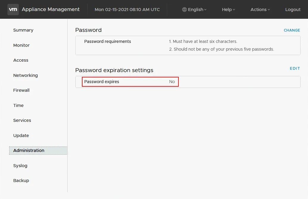 The root password expiration settings in vCenter Server Appliance Management configuration