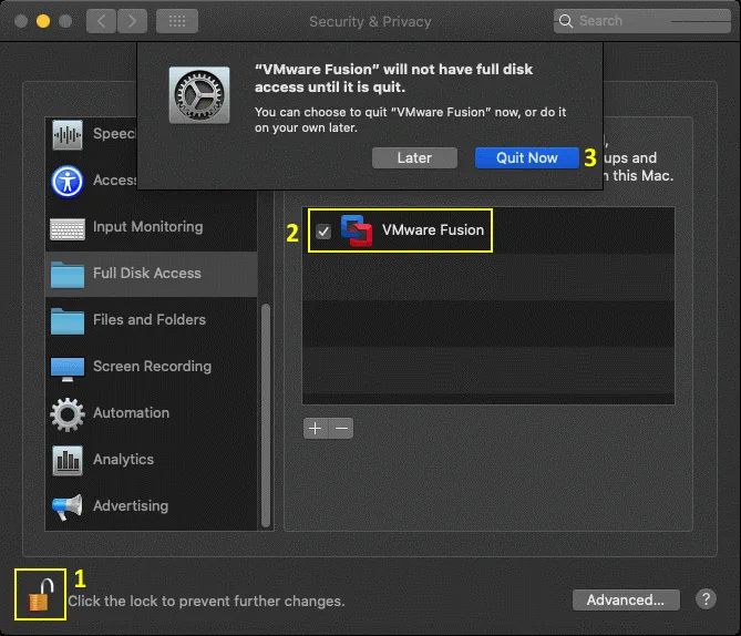 Unlocking full disk access for VMware Fusion in security settings of macOS
