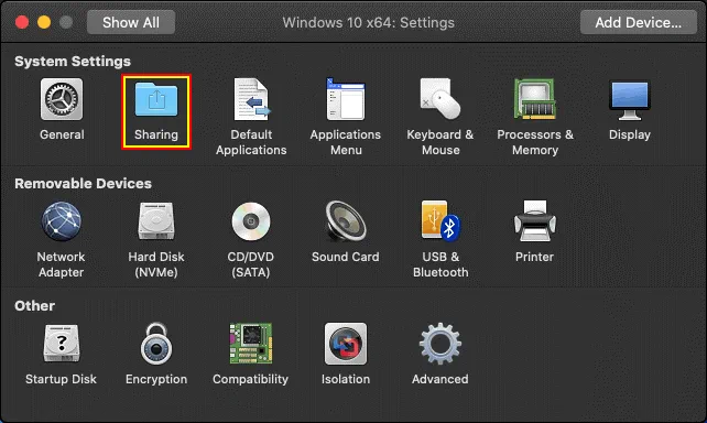 VM sharing settings in VMware Fusion