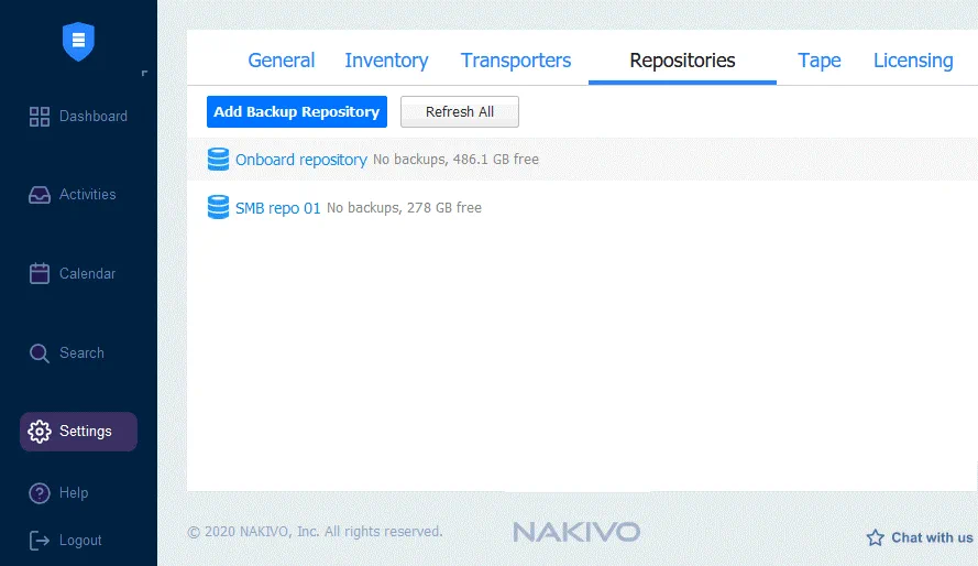 Viewing the list of backup repositories in NAKIVO Backup & Replication