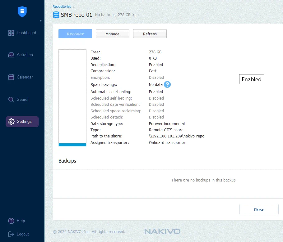 Viewing the parameters of a backup repository located in an SMB share
