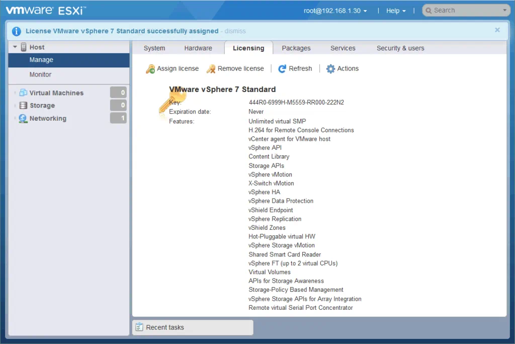 The ESXi license is assigned to the ESXi host