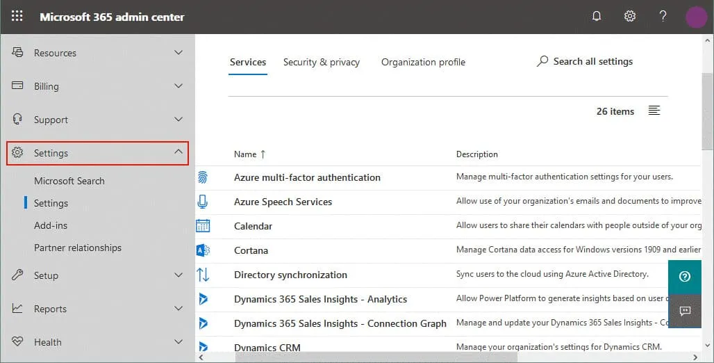 Configuring services in settings of the Office 365 admin center