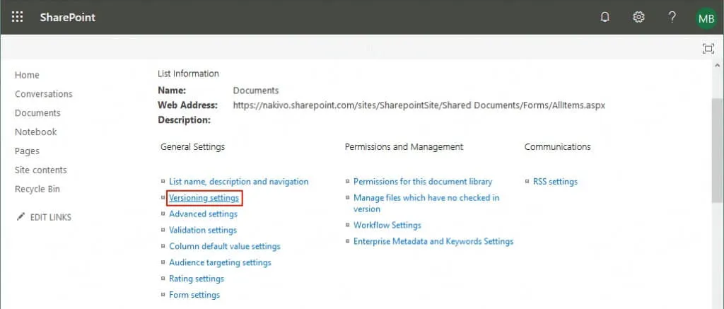Configuring version control for Office 365 SharePoint