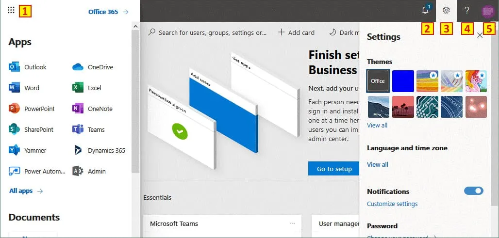 Elements of the top horizontal panel in the Office 365 admin center