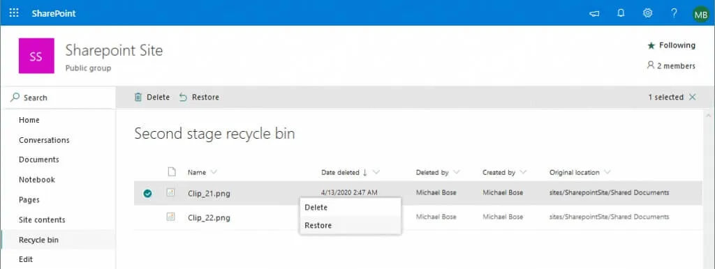 File recovery from the Second-stage recycle bin for Office 365 SharePoint