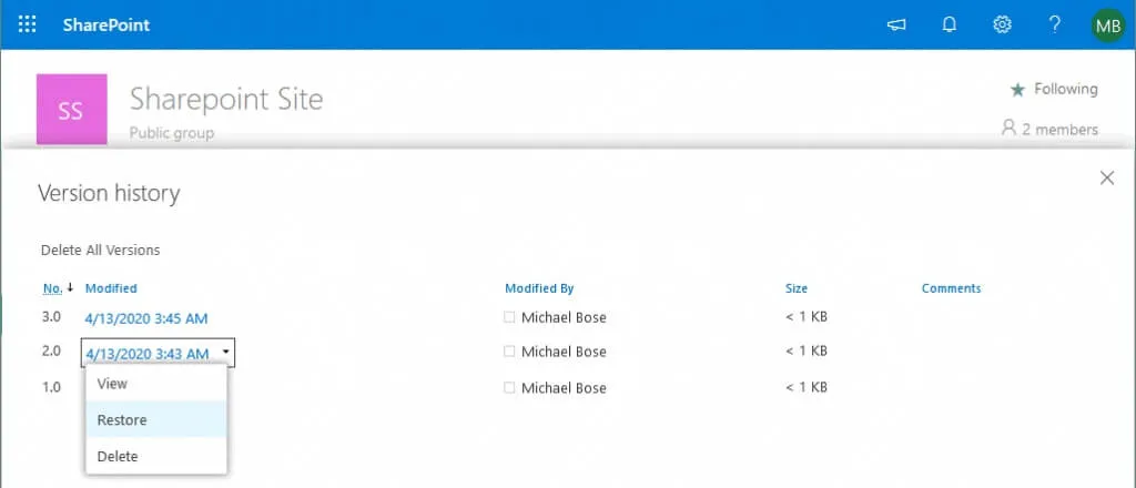 How to restore Office 365 SharePoint files by using version history