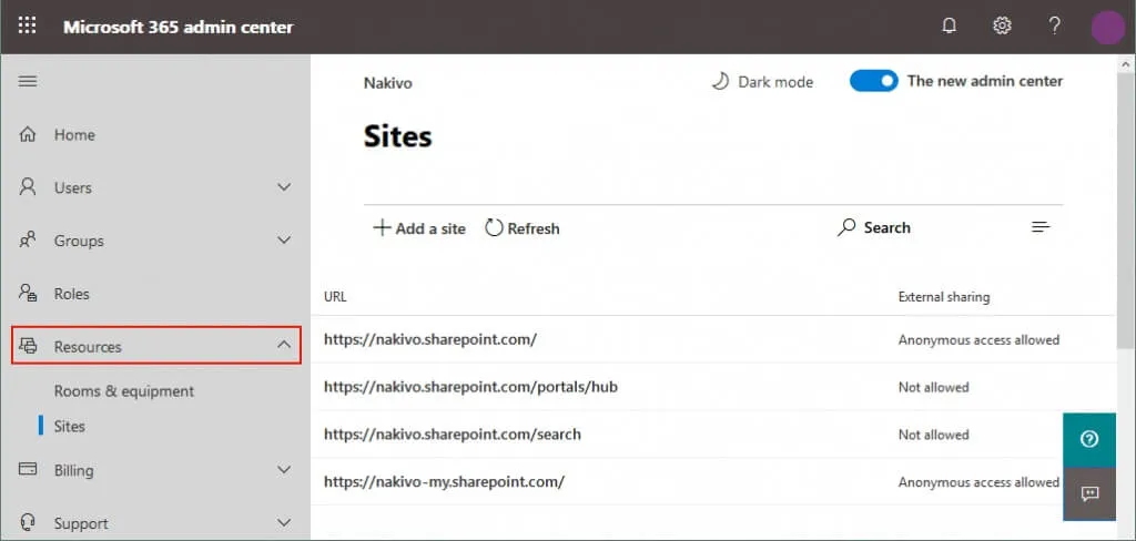 Managing resources in the Microsoft Office 365 admin center