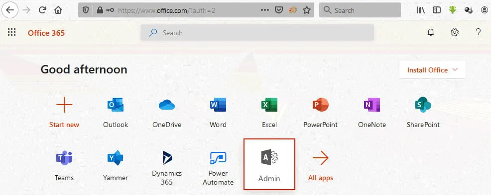 Opening the Office 365 admin center in a web browser