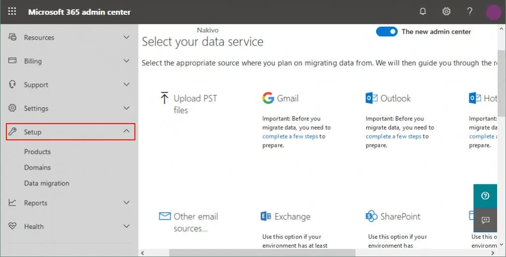 Setup of data migration in Office 365 admin center