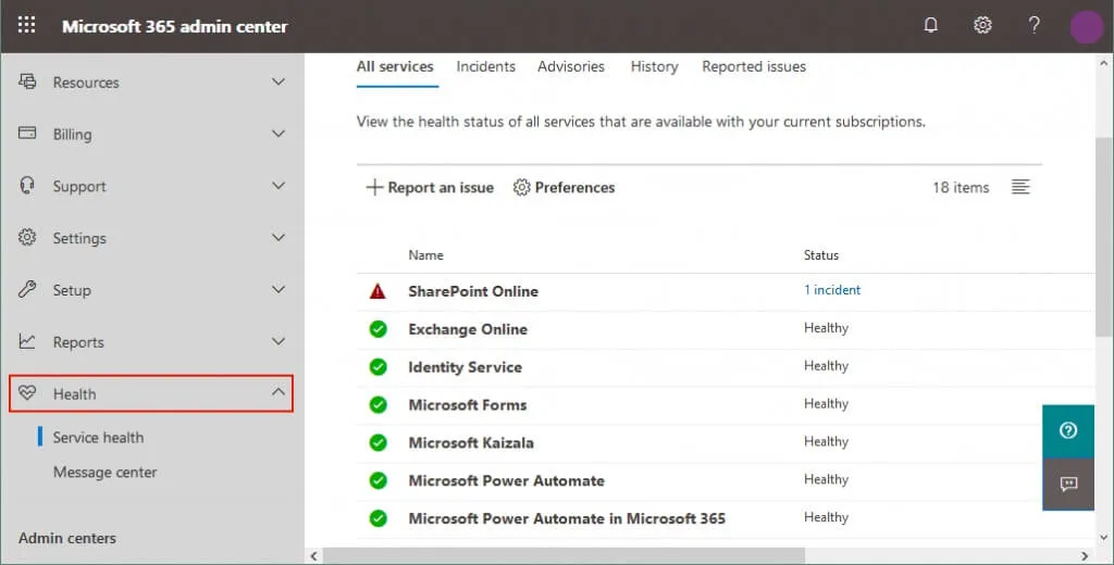 Viewing the health status for all services in the Office 365 admin center