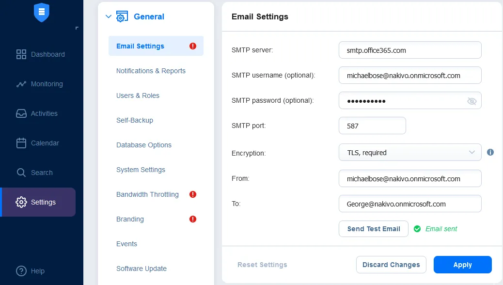 Configuring email settings to send files recovered from a backup