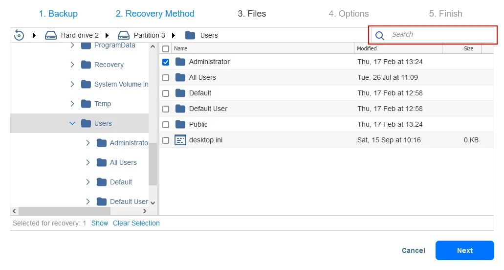 Searching the files to recover