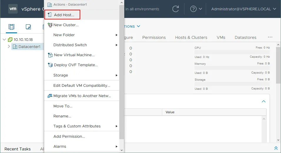 Adding an ESXi host to the datacenter before creating an ESXi cluster