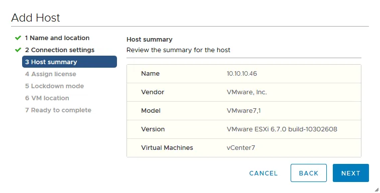 Checking the summary of the ESXi host that will be a member of a vSphere cluster