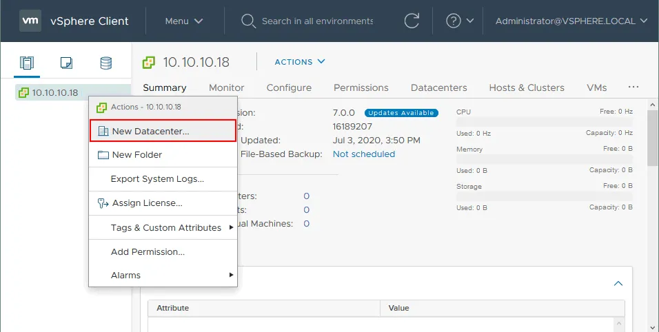 Creating a datacenter that will be used for an ESXi cluster