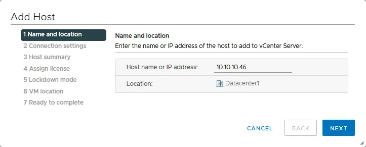 Entering the name or IP address of the ESXi host that will be used in the VMware ESXi cluster