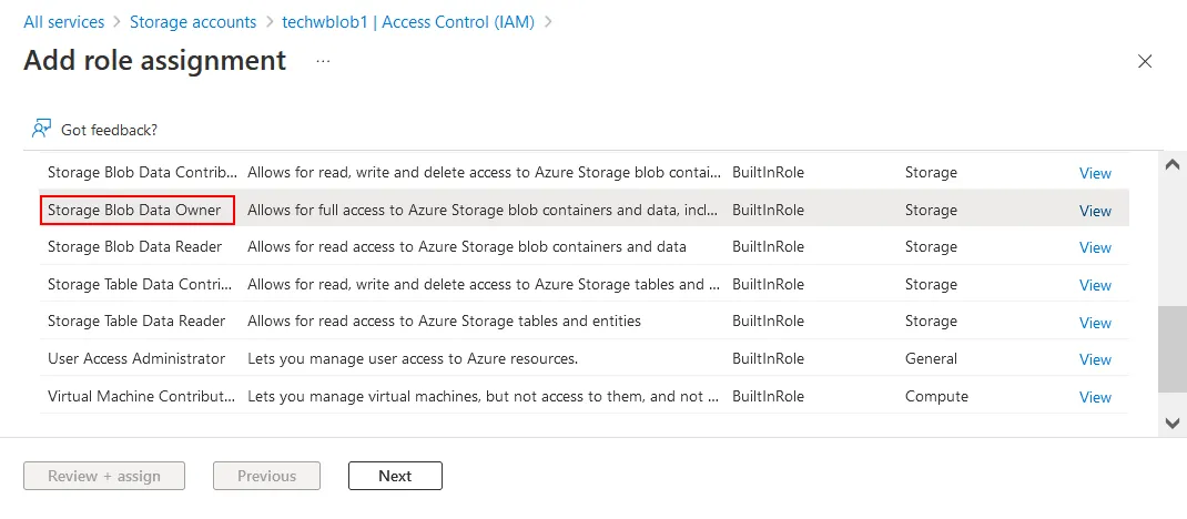 Asignación del propietario de los datos del Blob de almacenamiento para una aplicación de backups