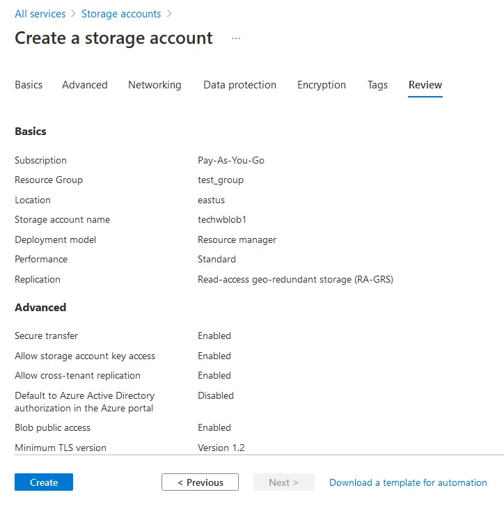 Backup to Azure storage - revisión de los ajustes de la cuenta de almacenamiento