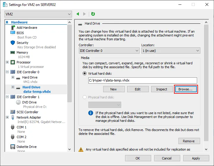 Navegar por un disco virtual que haya creado para transferir archivos de Hyper-V al host (o del host a la máquina virtual).