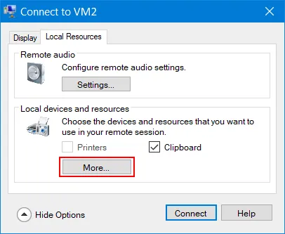 Click More to attach local disks to a VM connection session