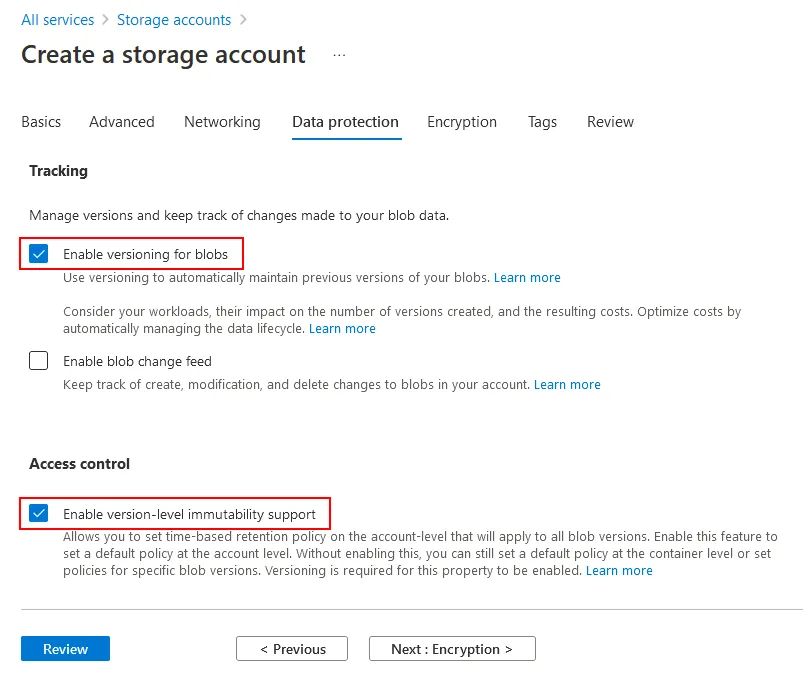 Enabling versioning and immutability for Azure storage backups