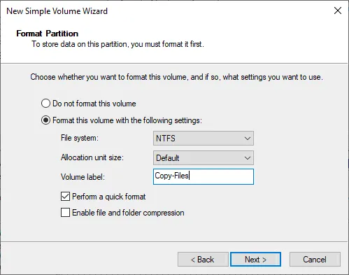 Formatting a partition that will be used for Hyper-V file transfer
