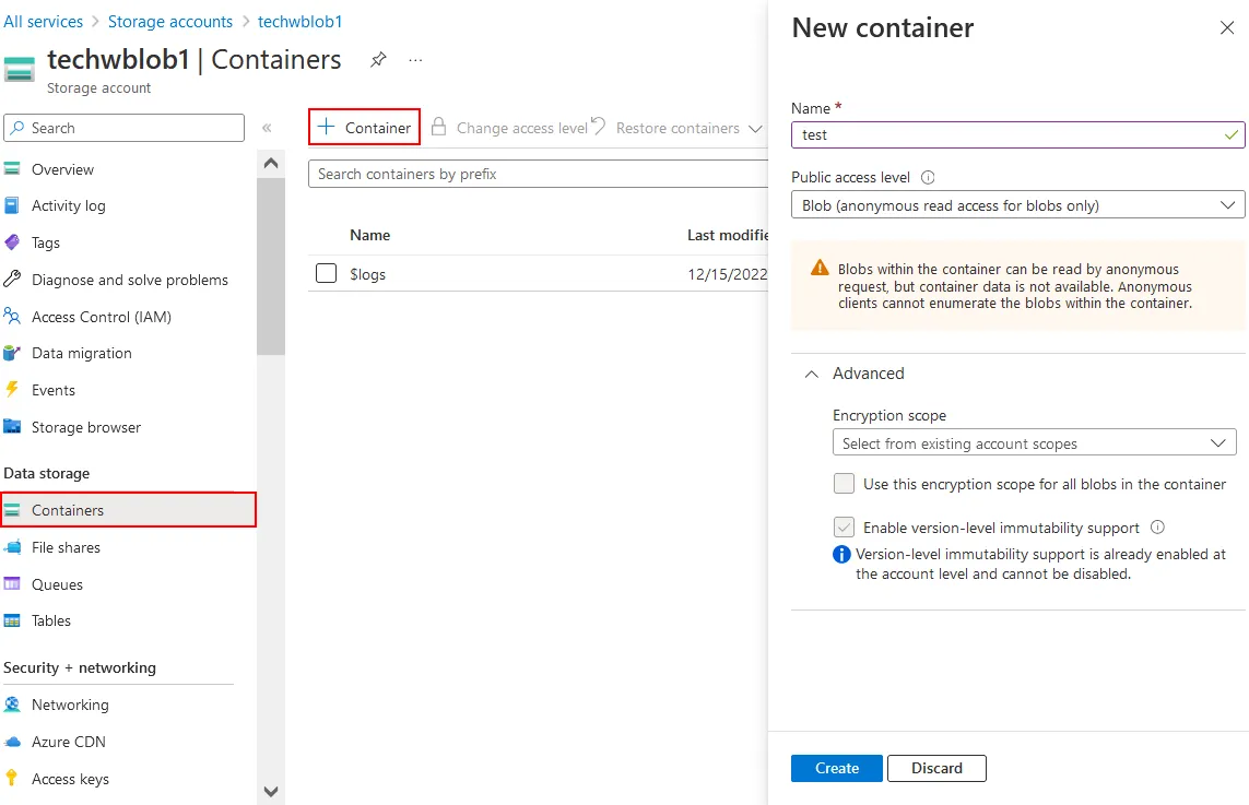 Cómo crear un nuevo contenedor Blob para backup en Azure Blob Storage