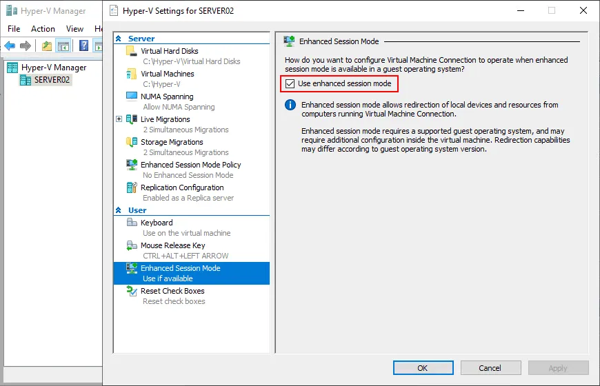 How to enable the Enhanced session mode for Hyper-V file transfer