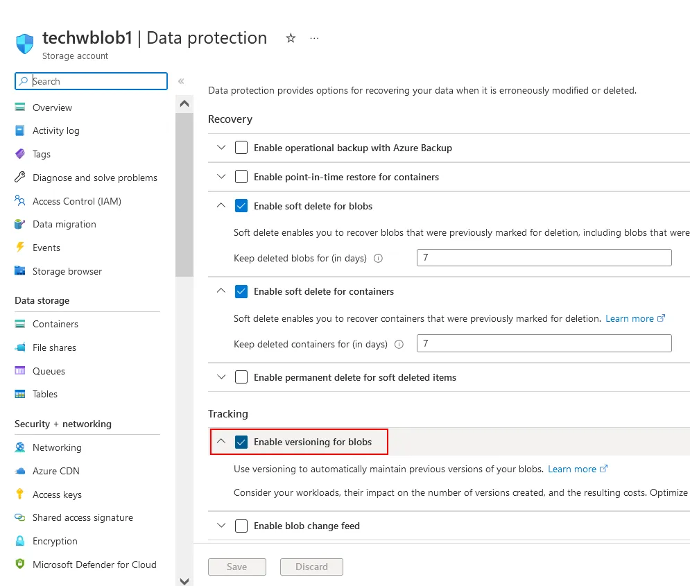 Cómo activar el control de versiones para los backups del almacenamiento Azure