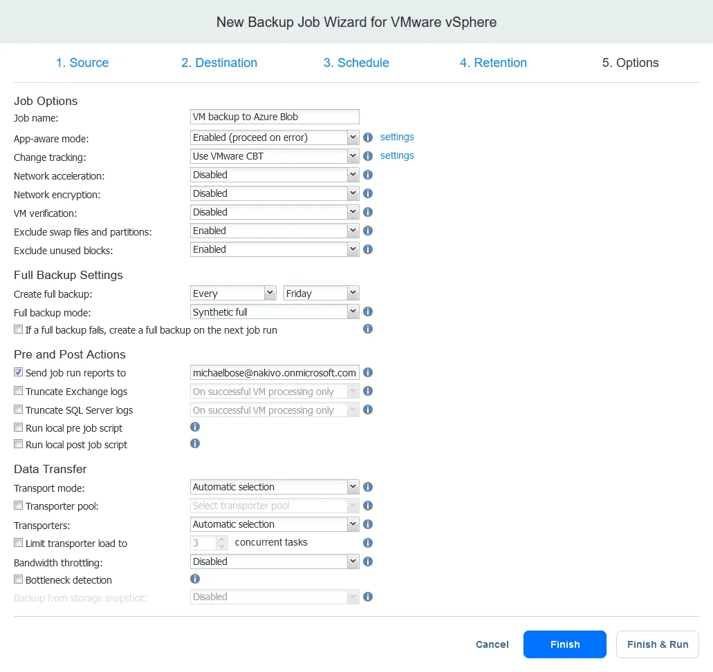 Job options for backup to Azure blob storage