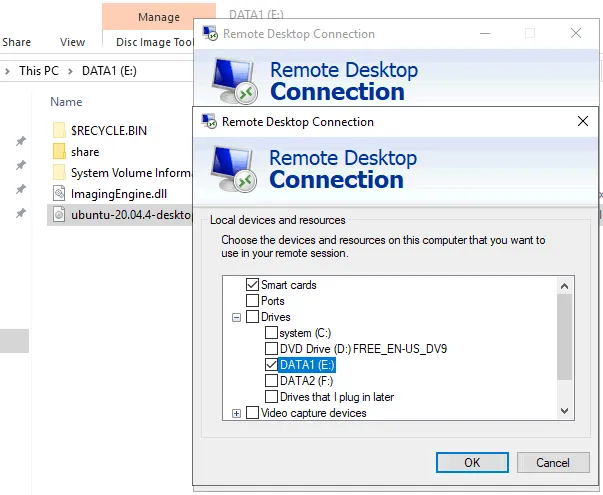 Selecting a local disk for an RDP connection to add ISO to Hyper-V server