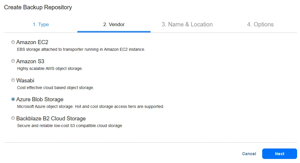 Selección de Azure Blob Storage como proveedor para hacer backup de almacenamiento en Azure.