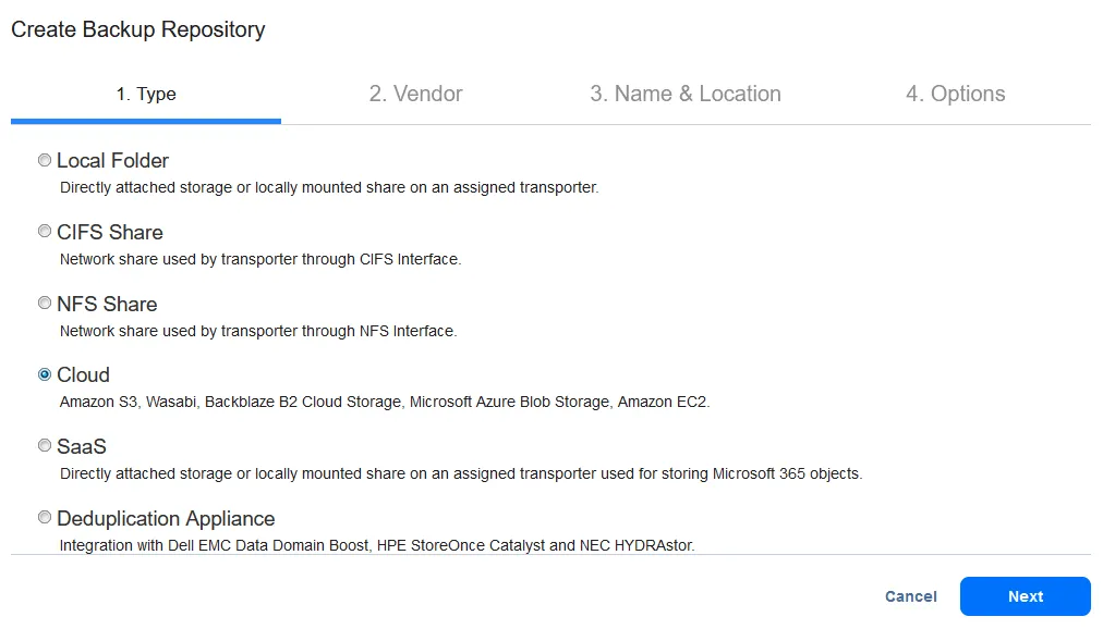 Seleccionar Cloud como tipo de repositorio para hacer backups de almacenamiento en Azure.