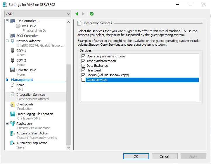 Selecting Guest services for Hyper-V file transfer between a host and guest