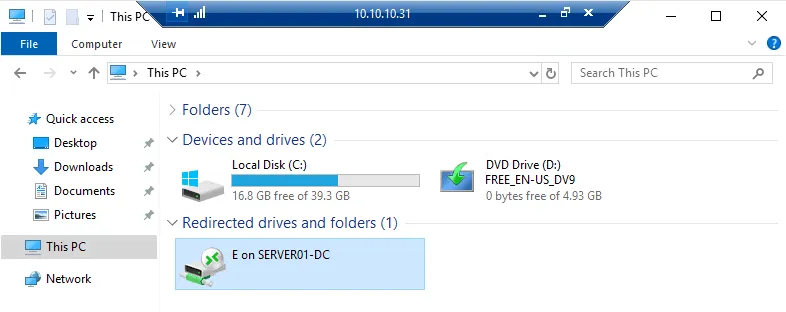 The local disk is connected to the remote Hyper-V host in an RDP session