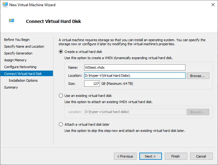 Configuring a virtual disk for a Windows Server VM in Hyper-V