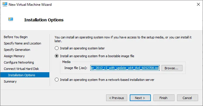 Selecting an ISO file to install a Windows Server VM
