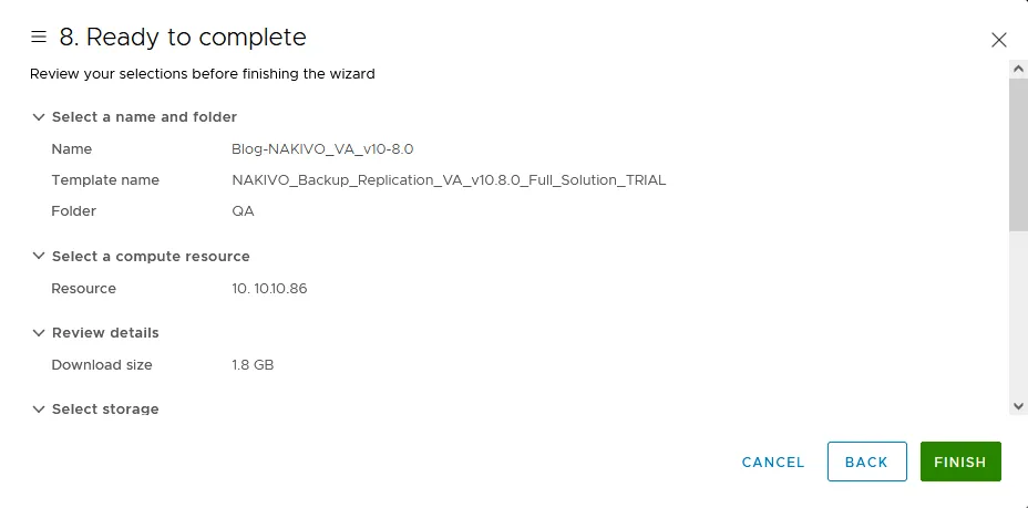 Listo para completar la instalación del appliance virtual NAKIVO en vSphere