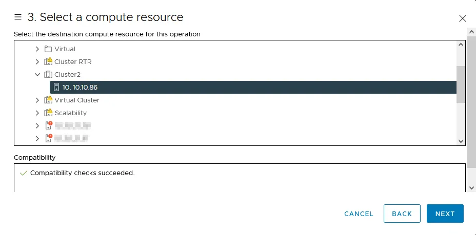 Selección de un host o cluster ESXi donde implantar un appliance virtual
