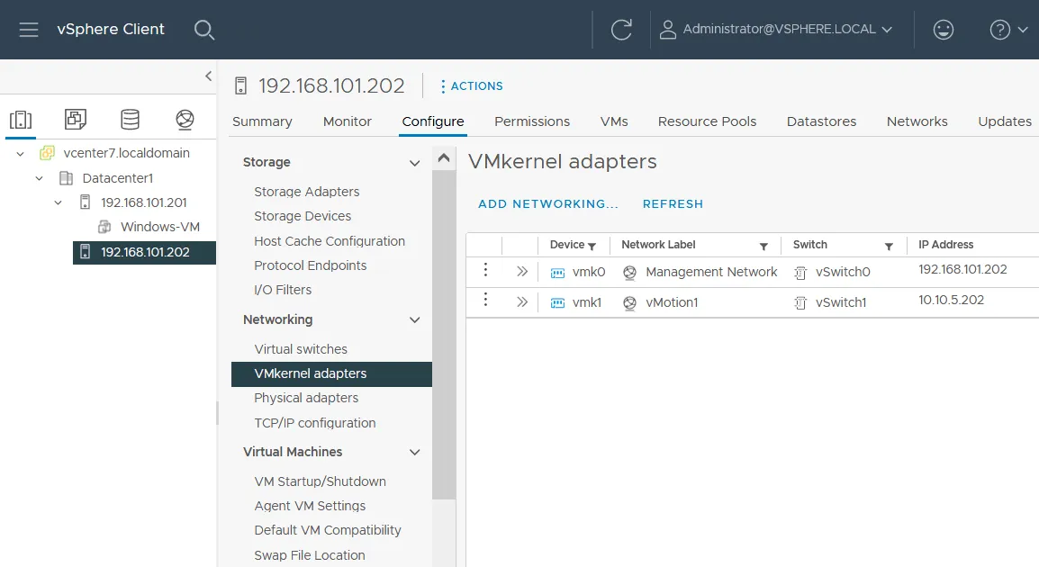 Se añade un adaptador VMkernel para configurar vMotion.