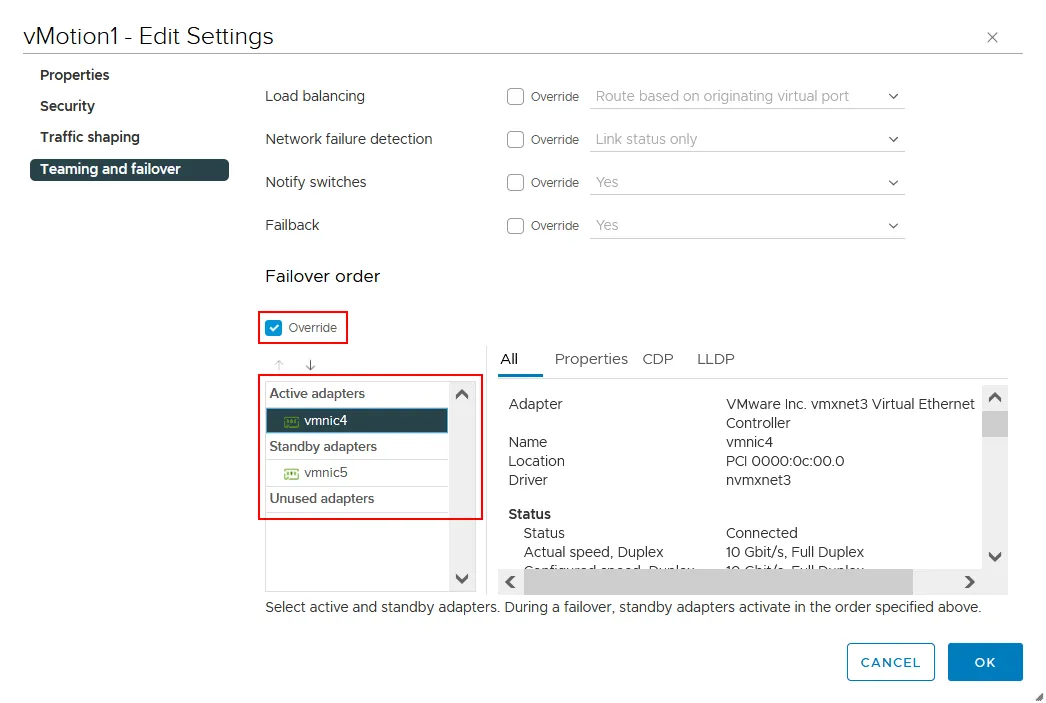 Selección de un adaptador activo y un adaptador en espera