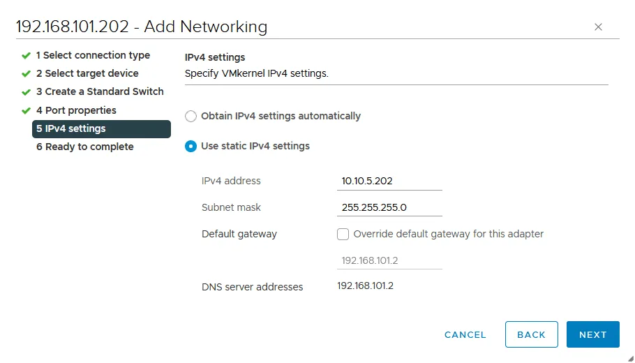 Configuración de red de vMotion: establecimiento de una dirección IP