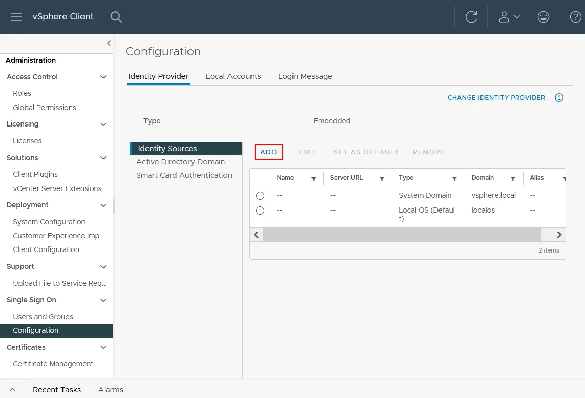 Selección del proveedor de identidades para integrar vCenter con Active Directory